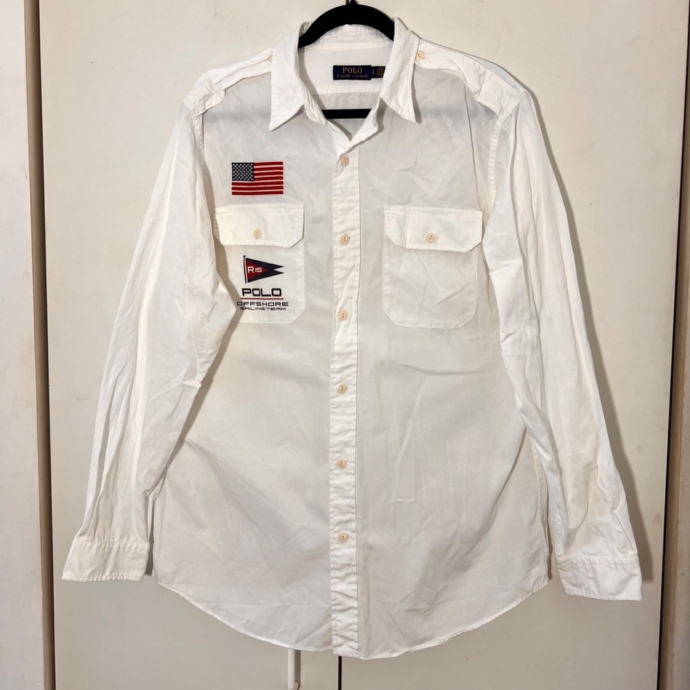 Polo Ralph Lauren Shirt Men L White Offshore Sailing Team USA Patches Streetwear